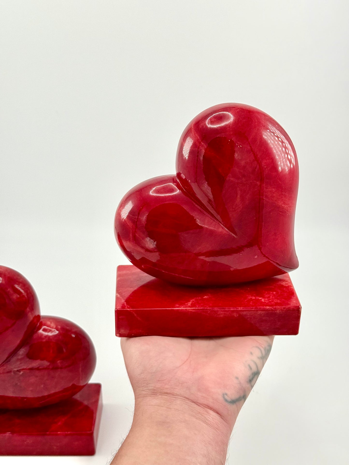 Vintage Hand-Carved Red Alabaster Heart Bookends by Ducceschi, Volterra Italy — Genuine Stone, Sold as a Pair