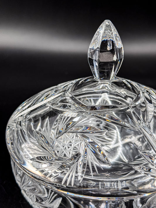 Vintage Bohemian Czech Hand-Cut Crystal Lidded Candy Dish with Pinwheel and Fan Pattern