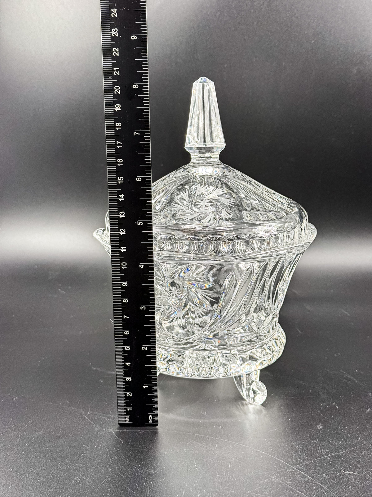 Vintage Bohemian Czech Hand-Cut Crystal Footed Lidded Candy Dish, Pinwheel and Fan, Flea Bite Chip