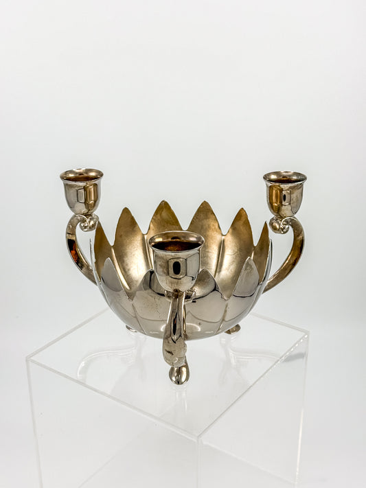 Vintage Silver-Plated Lotus Flower Bowl Candelabra with Three Candle Cups and Scroll Arms