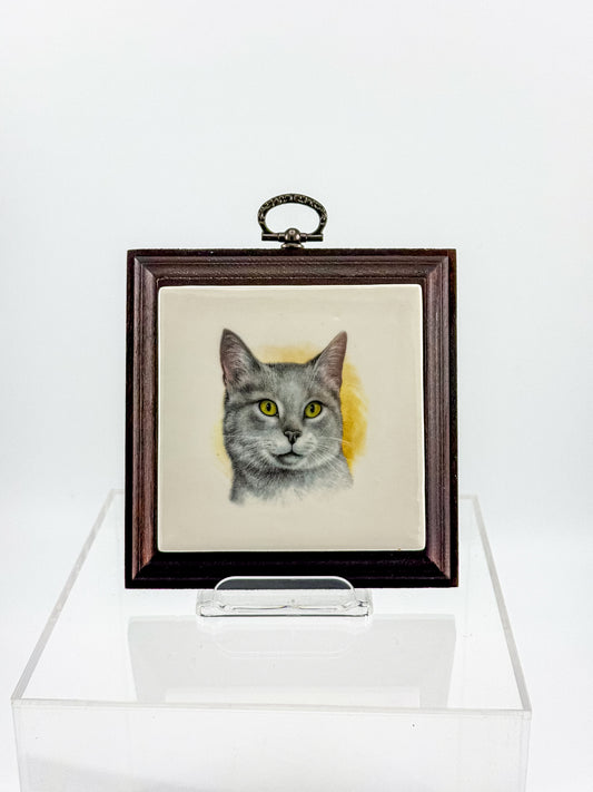 Vintage Gray Cat Portrait Ceramic Tile Wall Plaque in Dark Wood Frame, Holiday House Manitowoc WI