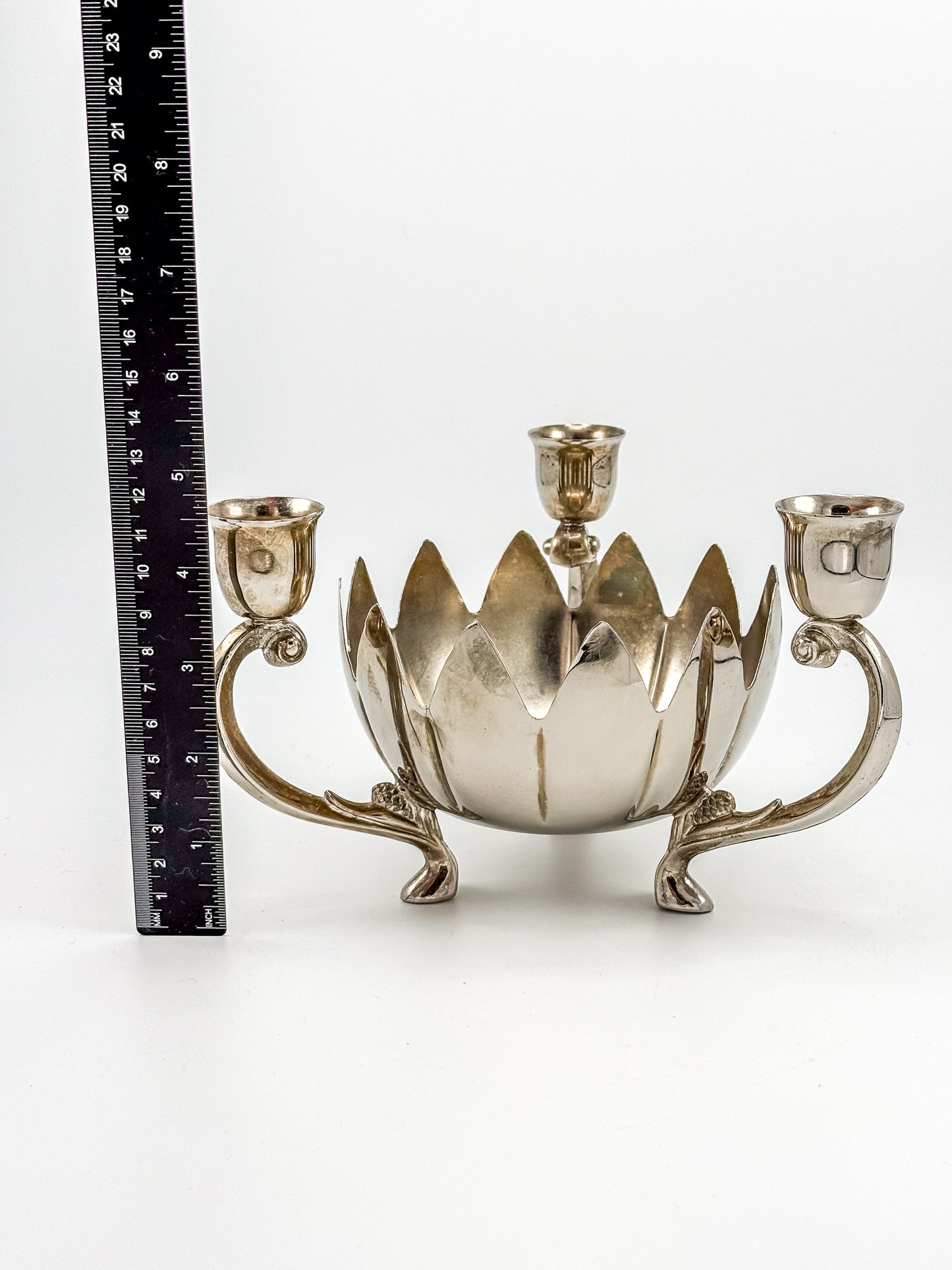 Vintage Silver-Plated Lotus Flower Bowl Candelabra with Three Candle Cups and Scroll Arms