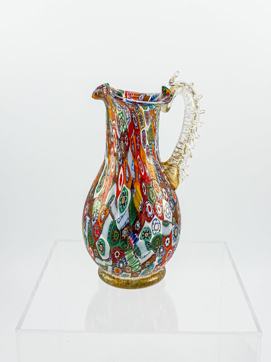 Vintage Murano-Style Millefiori Art Glass Petite Pitcher | Gold Aventurine & Multicolor Murrine | Unknown Maker