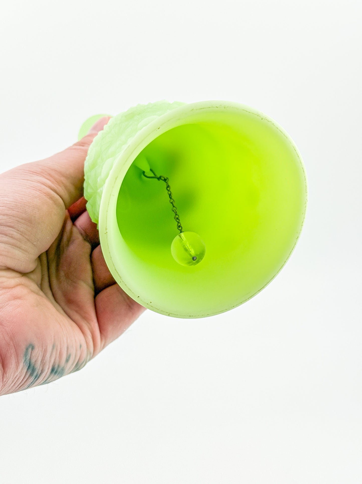 Vaseline Uranium Glass Bell – Daisy & Button Pattern, UV Reactive