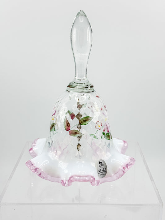 Fenton Glass Bell – Optic with Cranberry Edge, Hand Painted & Signed
