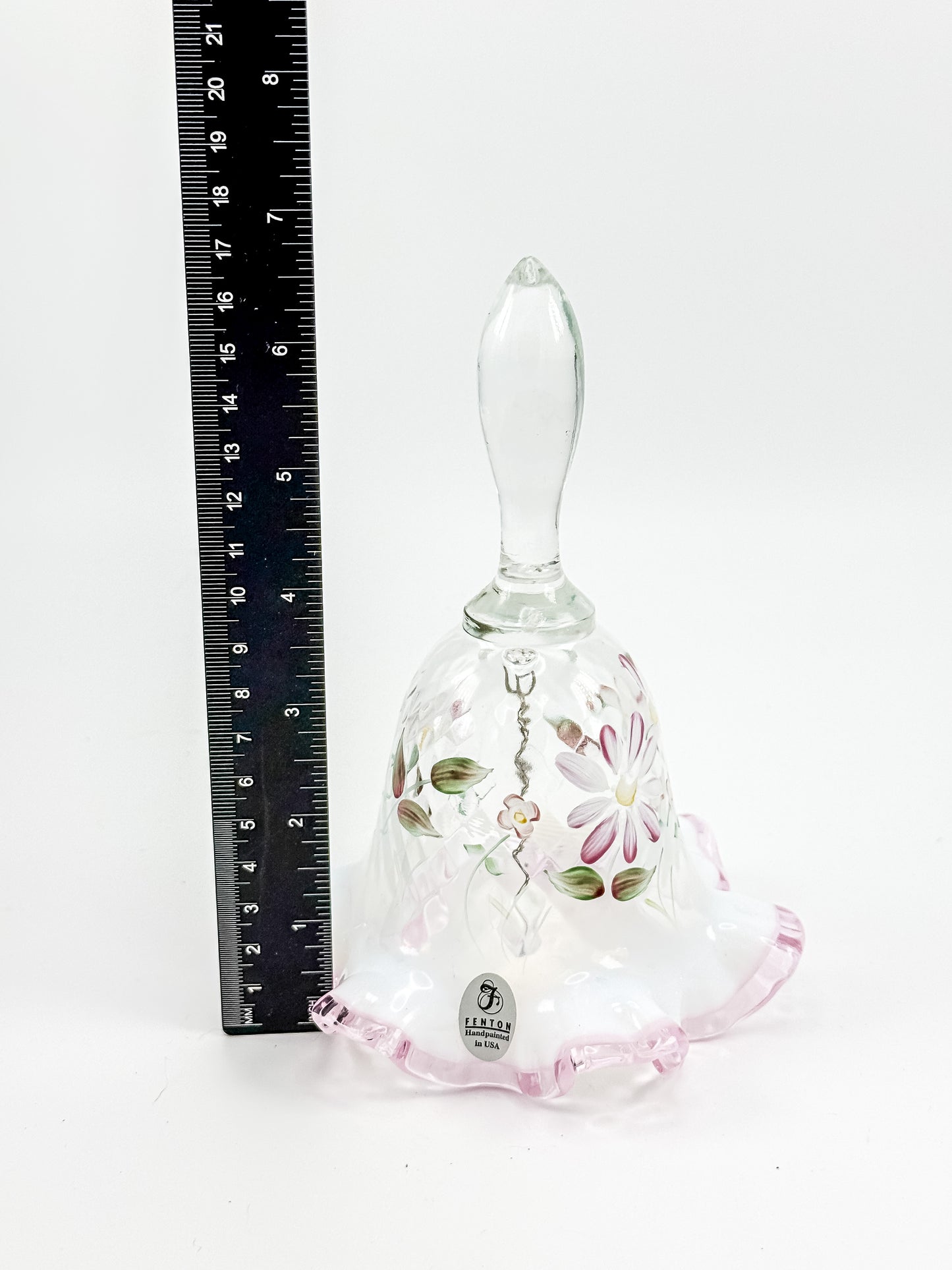 Fenton Glass Bell – Optic with Cranberry Edge, Hand Painted & Signed