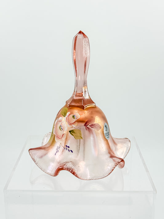Fenton Bell – Pink Frosted Iridescent (Rich Peach), Hand Painted Roses, Artist Signed