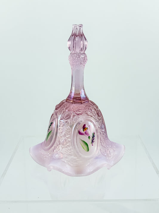 Fenton Bell – Pink Opalescent, Embossed Floral Cameos, Hand Painted Florals, Ruffled