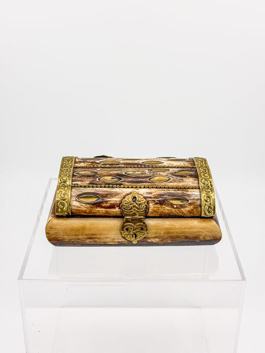 Vintage Bone Jewelry Box | Handcrafted Brass Inlay Keepsake Box | Blue Lined Trinket Box