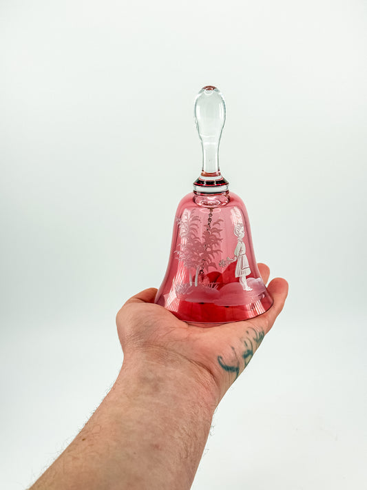 Vintage Mary Gregory Cranberry Glass Bell – White Enamel Girl