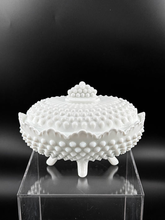 Oval White Hobnail Milk Glass Footed Covered Dish