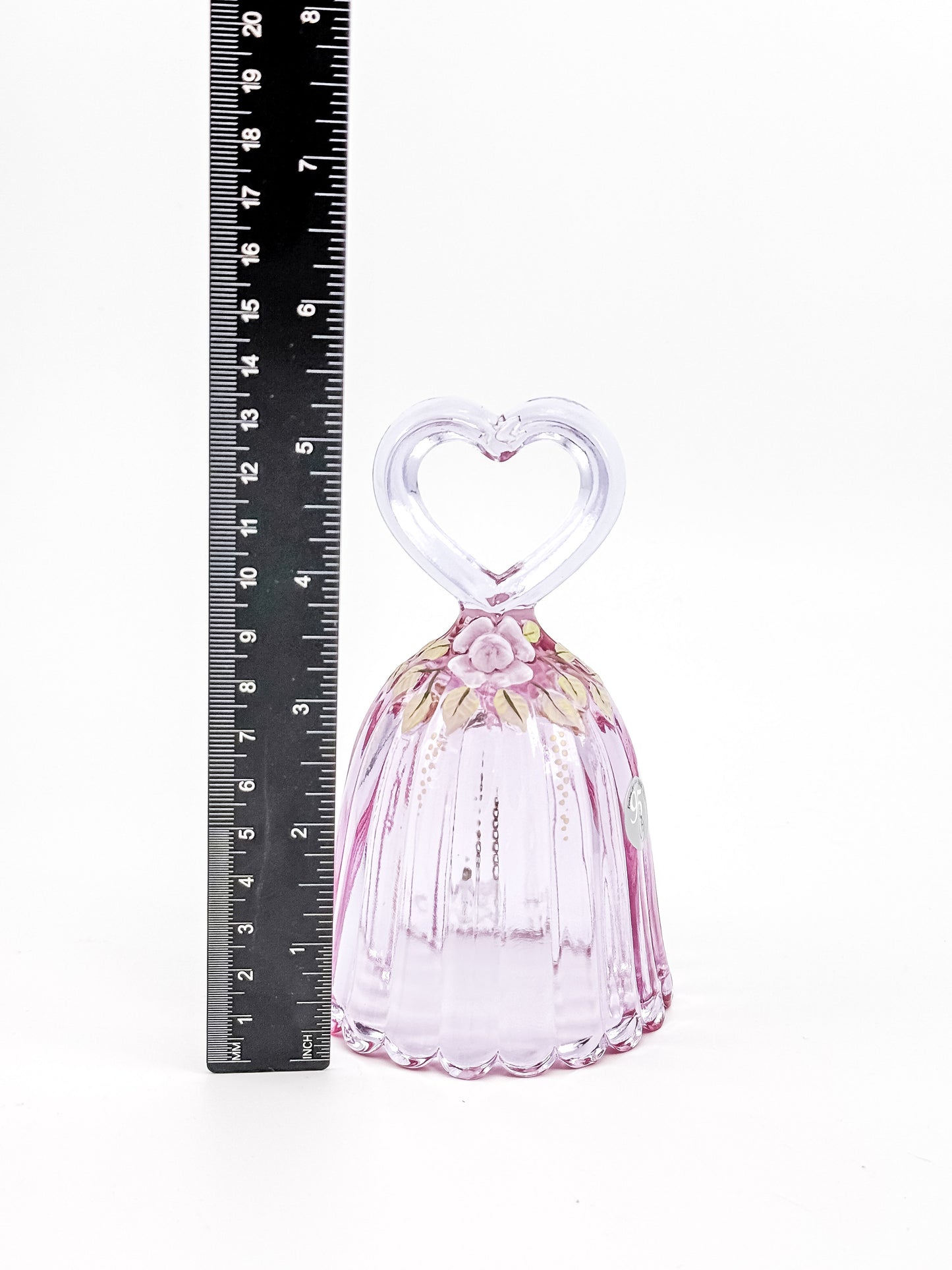 Fenton Art Glass 95th Anniversary Bell – Rosalene Pink Heart Handle Hand-Painted Roses