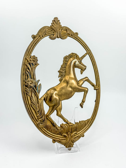 Vintage Brass Unicorn Wall Plaque | Ornate Oval Floral Frame | 1970s–80s