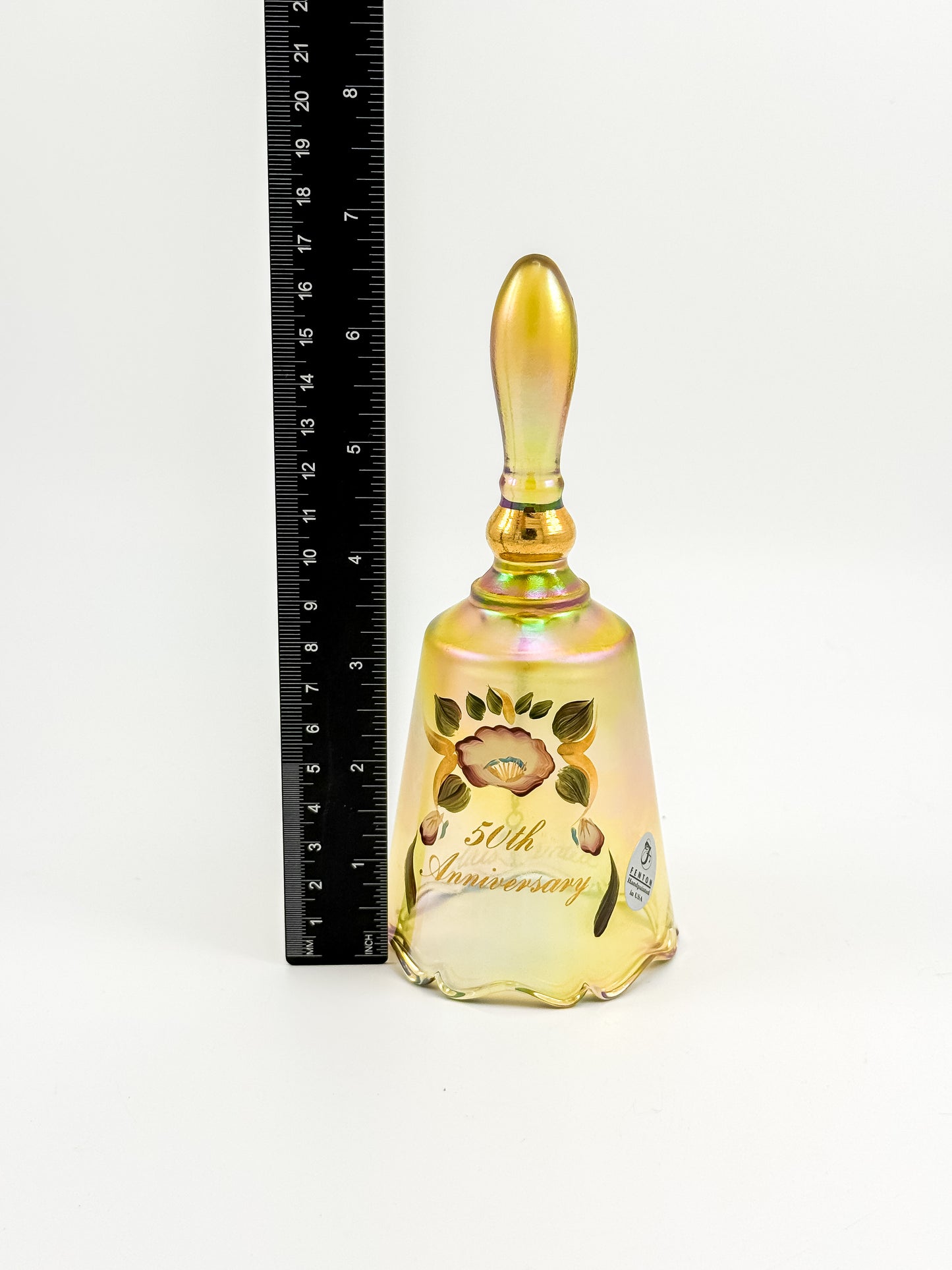 Vintage Fenton 50th Anniversary Gold Carnival Glass Bell — Hand-Painted, Artist Signed, Personalized
