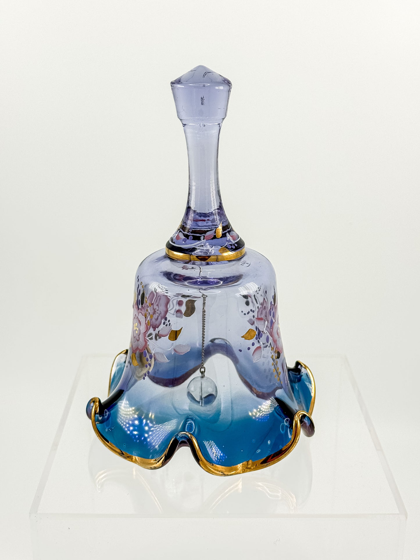 Vintage Fenton Mulberry Glass Bell — Hand-Painted Roses, Artist Signed, Original Sticker