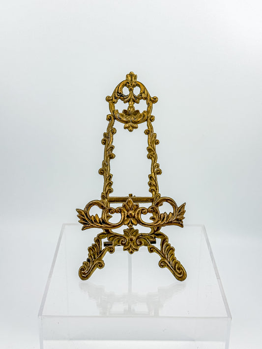 Vintage Brass Rococo Miniature Easel | Ornate Scrollwork Fleur-de-Lis Picture Stand