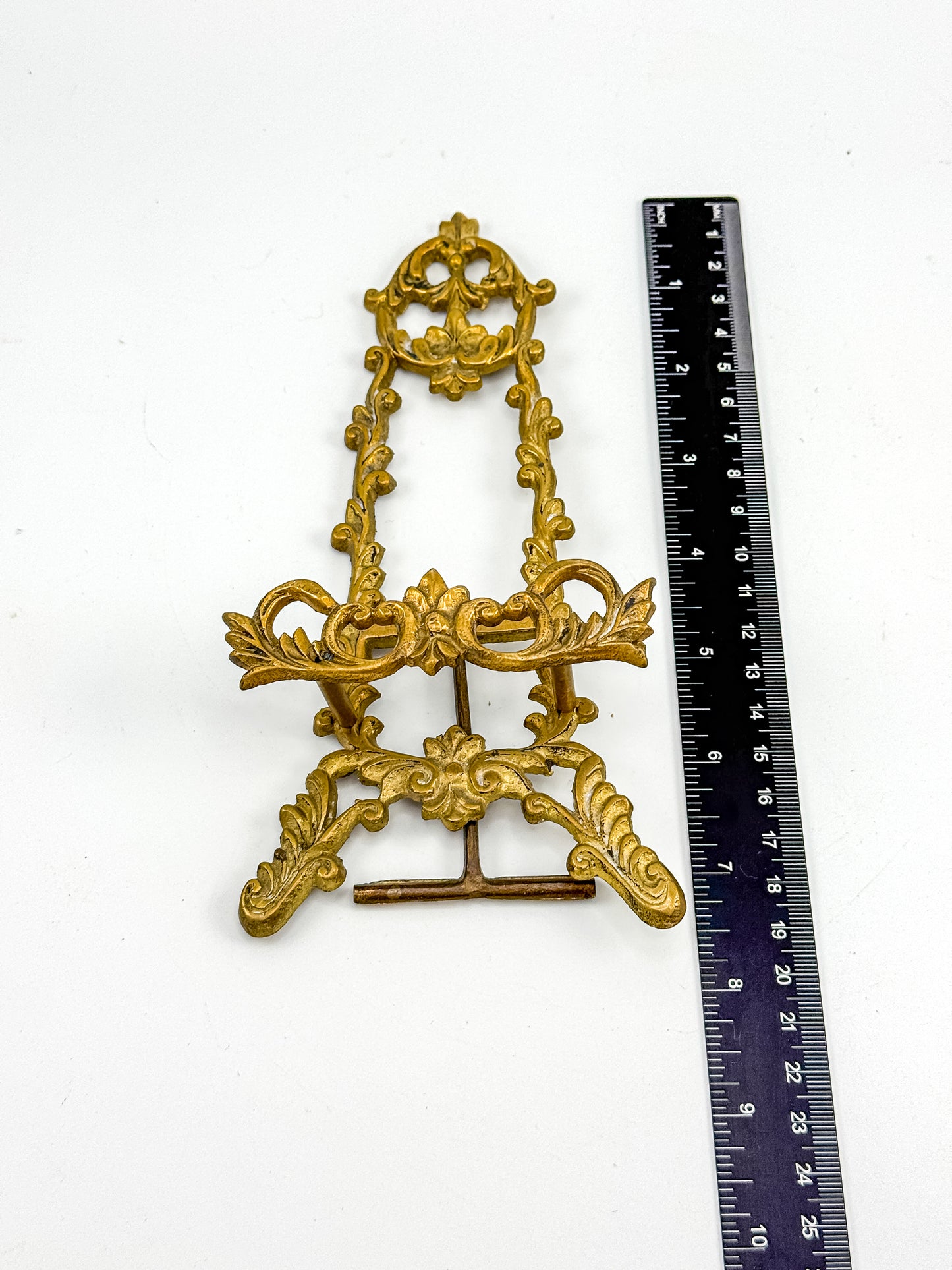 Vintage Brass Rococo Miniature Easel | Ornate Scrollwork Fleur-de-Lis Picture Stand