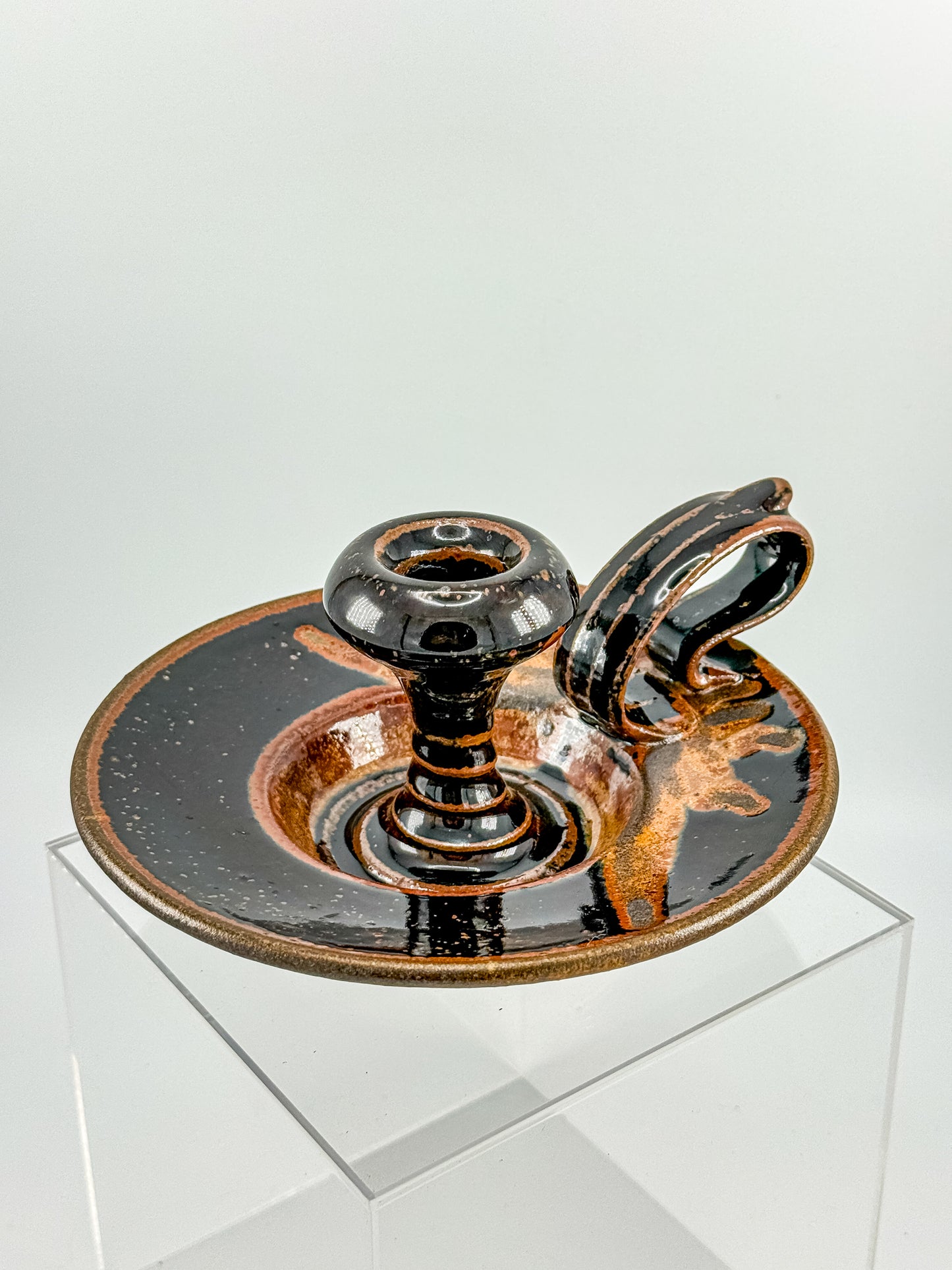 Vintage Studio Pottery Chamberstick Candle Holder with Tenmoku Glaze, Signed Artist Piece