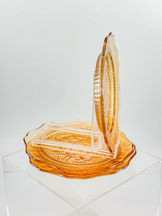 Jeannette Glass Iris & Herringbone Marigold Iridescent Bread Plates | Set of 3