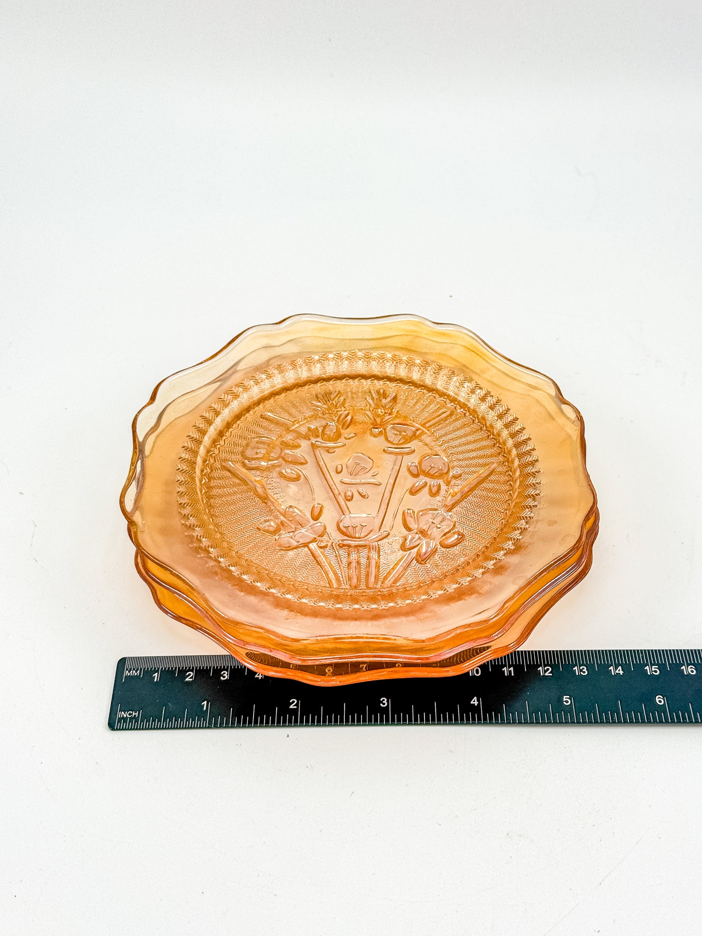 Jeannette Glass Iris & Herringbone Marigold Iridescent Bread Plates | Set of 3