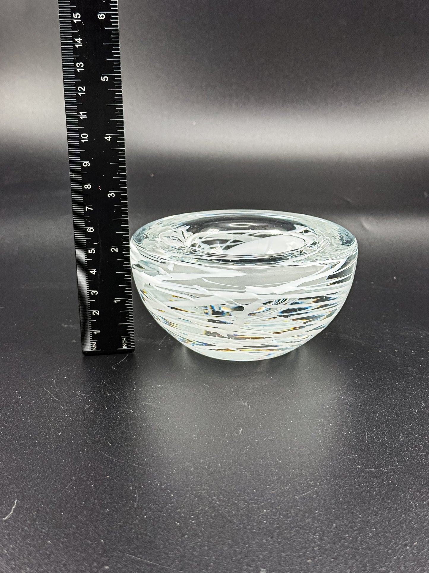 Vintage Kosta Boda Clear Art Glass Candle Holder | White Swirl Design | Swedish Art Glass
