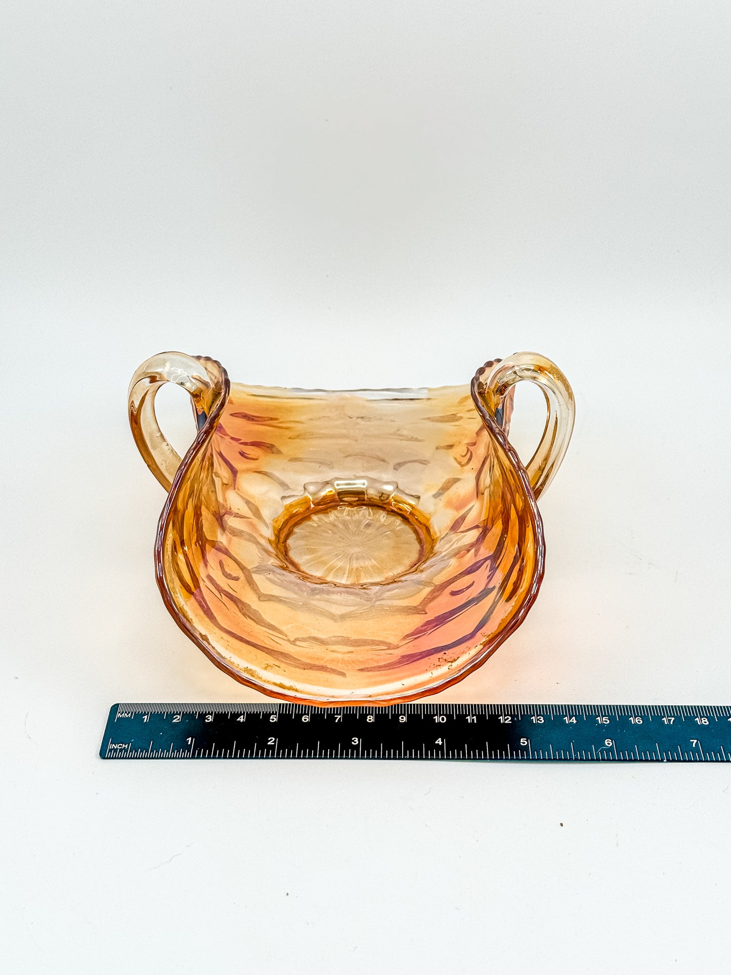 Vintage Marigold Carnival Glass Two-Handled Bon Bon Dish | Open Basket | Iridescent Orange Art Glass