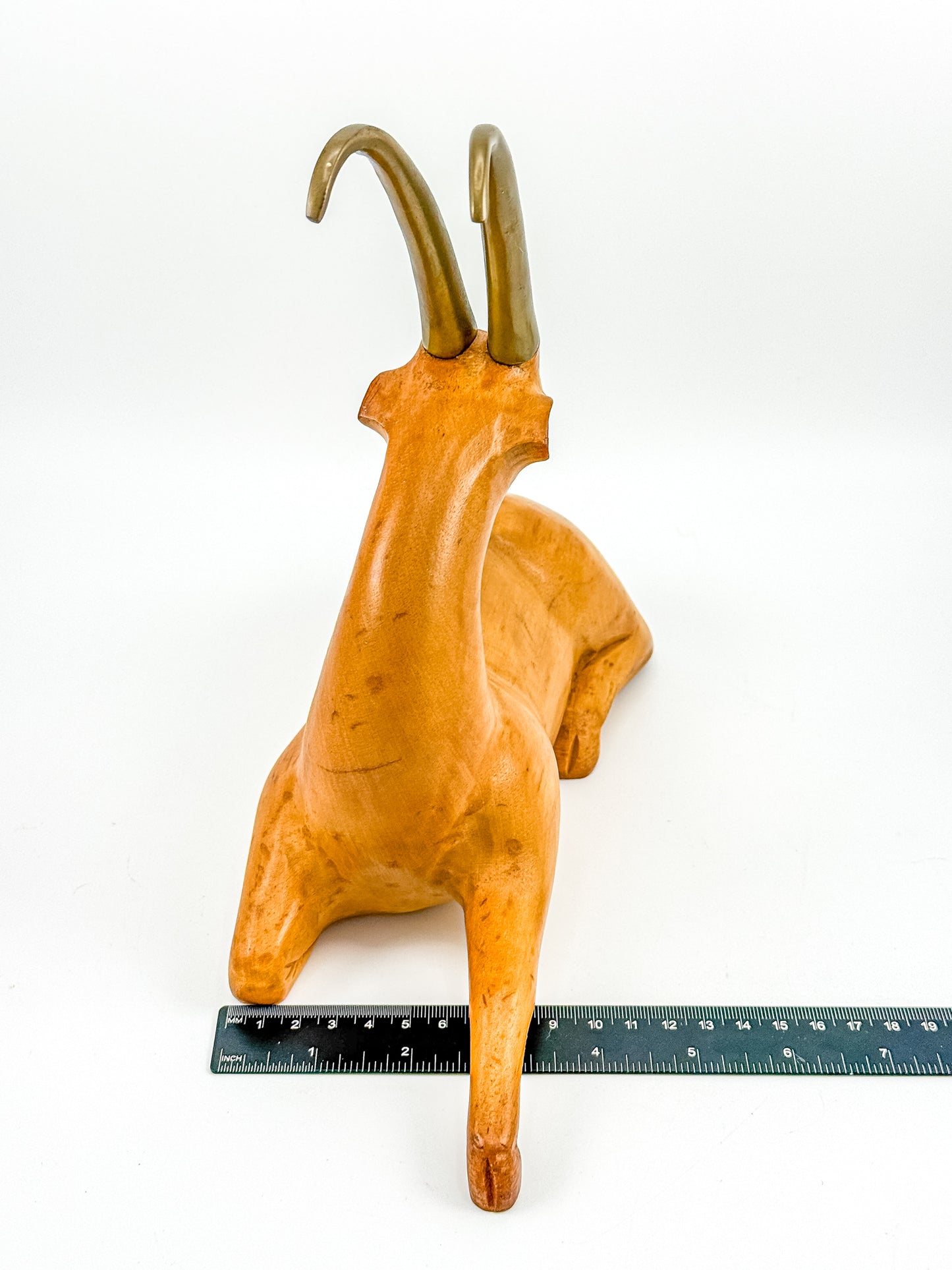 Great City Traders Carved Wood & Brass Reclining Gazelle Figurine | Mid-Century Modern Animal Sculpture
