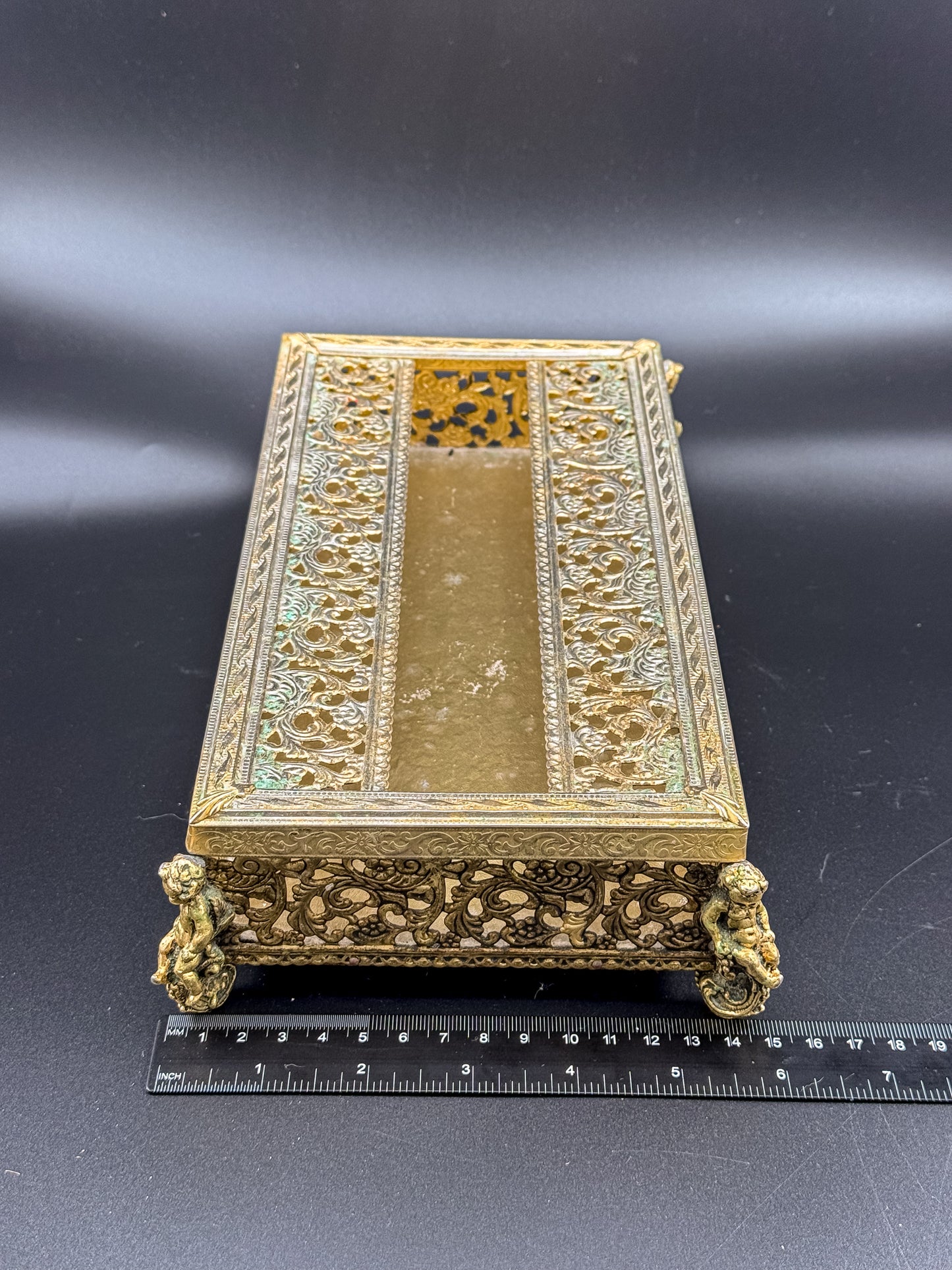 Vintage Hollywood Regency Gold Filigree Tissue Box Cover, Cherub Feet