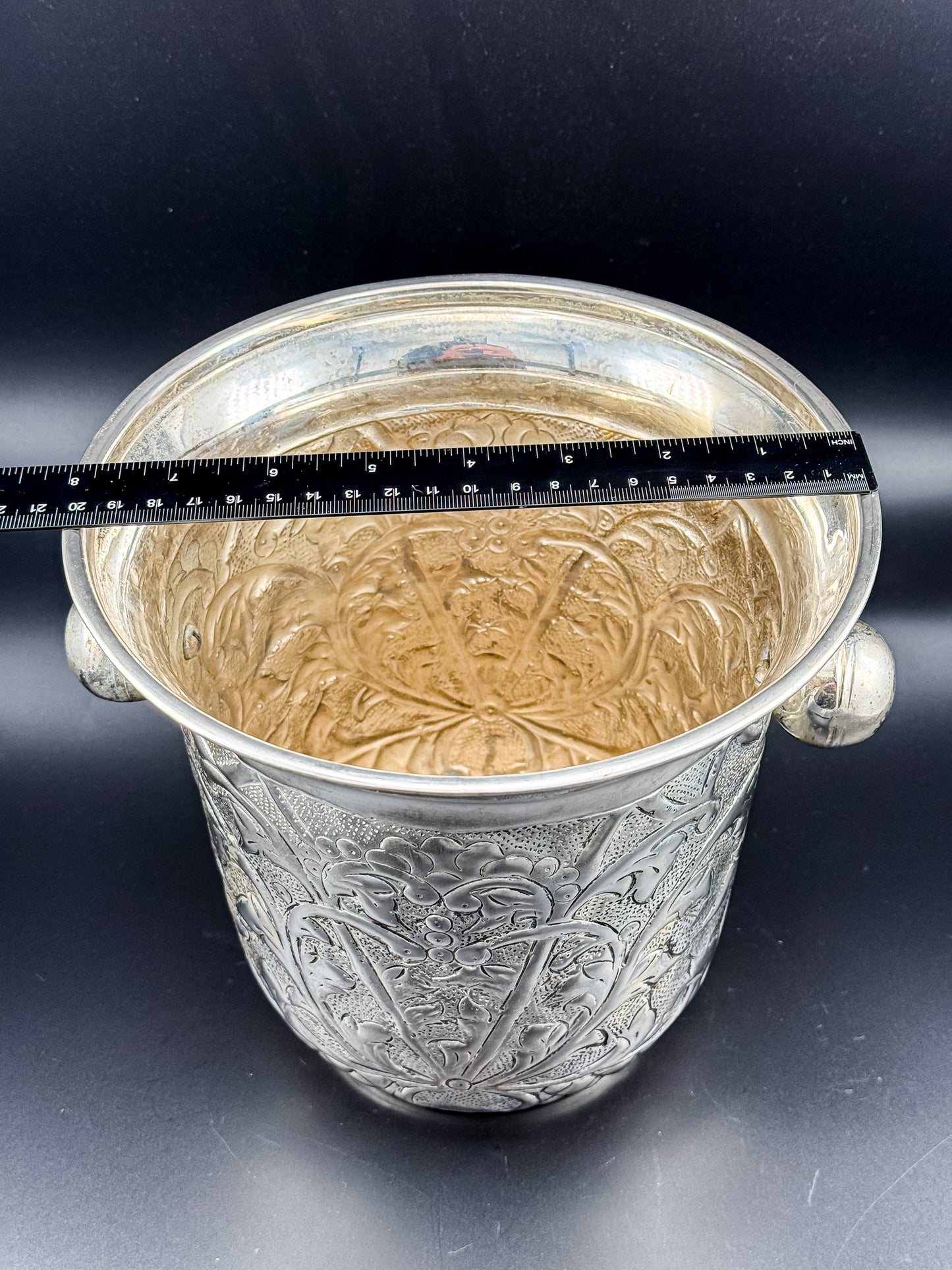 Vintage Repoussé Floral Ice Bucket, Champagne Bucket or Vase with Spherical Handles