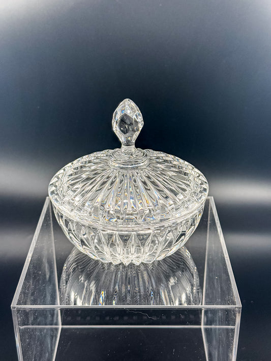 Vintage Crystal Lidded Dish with Diamond Finial, Cut Glass Vanity Dish with Radiating Vertical Cuts and Domed Lid