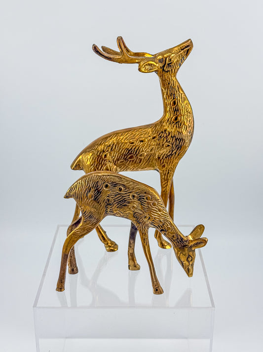 Vintage Brass Deer Figurines Stag and Doe Matched Set Etched Fur Detail Mid Century Decor