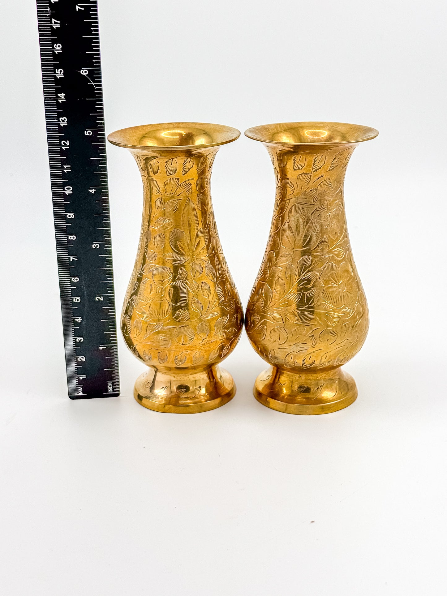 Vintage Hand-Engraved Brass Bud Vases with Floral Motif, Sold as a Pair