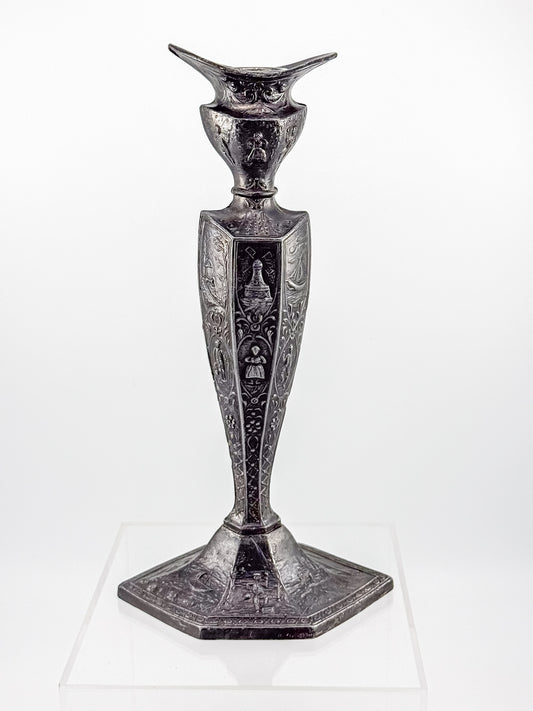 Antique Dutch Storyteller Candlestick with Figural Relief Panels and Fine Dutch Finish, Early 1900s