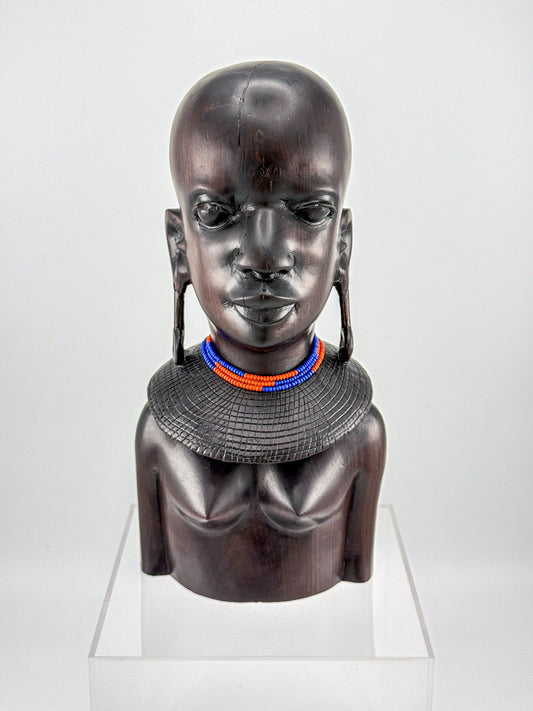 Vintage Hand-Carved Ironwood Maasai Woman Bust Sculpture with Beaded Necklace and Teardrop Earrings