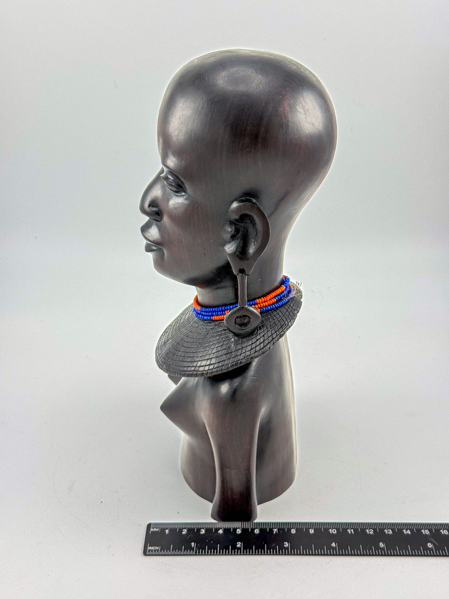 Vintage Hand-Carved Ironwood Maasai Woman Bust Sculpture with Beaded Necklace and Teardrop Earrings