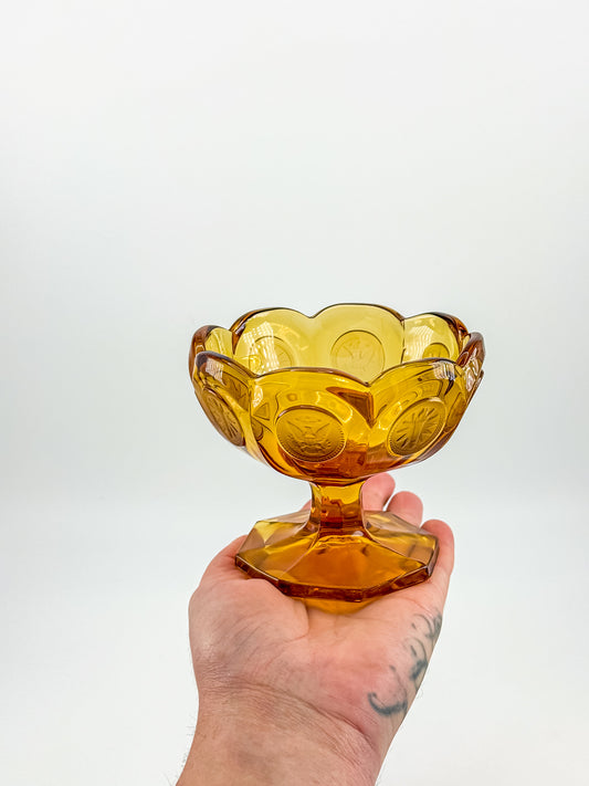 Fostoria Coin Glass Amber Pedestal Compote Candy Dish with Eagle Coin Motifs and Scalloped Rim