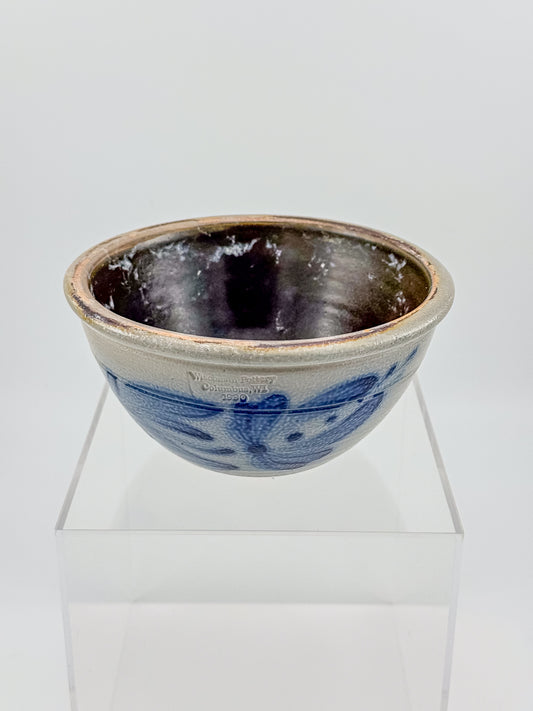 Vintage Wisconsin Pottery Salt Glaze Stoneware Bowl with Cobalt Blue Floral Brushwork, Columbus WI 1990