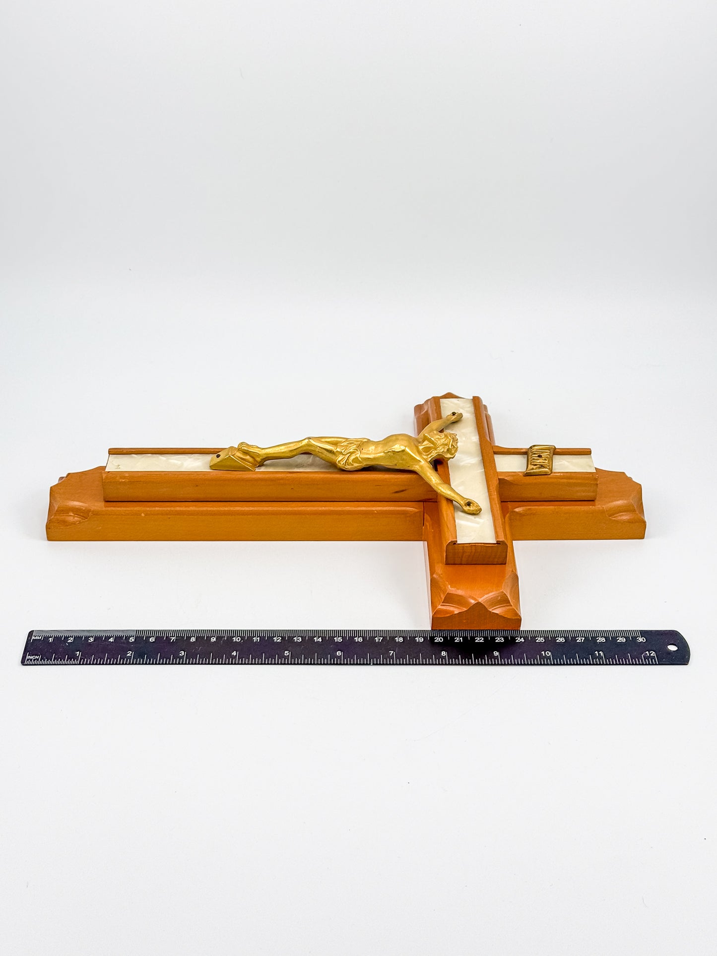 Vintage Sick Call Last Rites Crucifix with Hidden Compartment and Faux Pearl Panels, 12 Inches