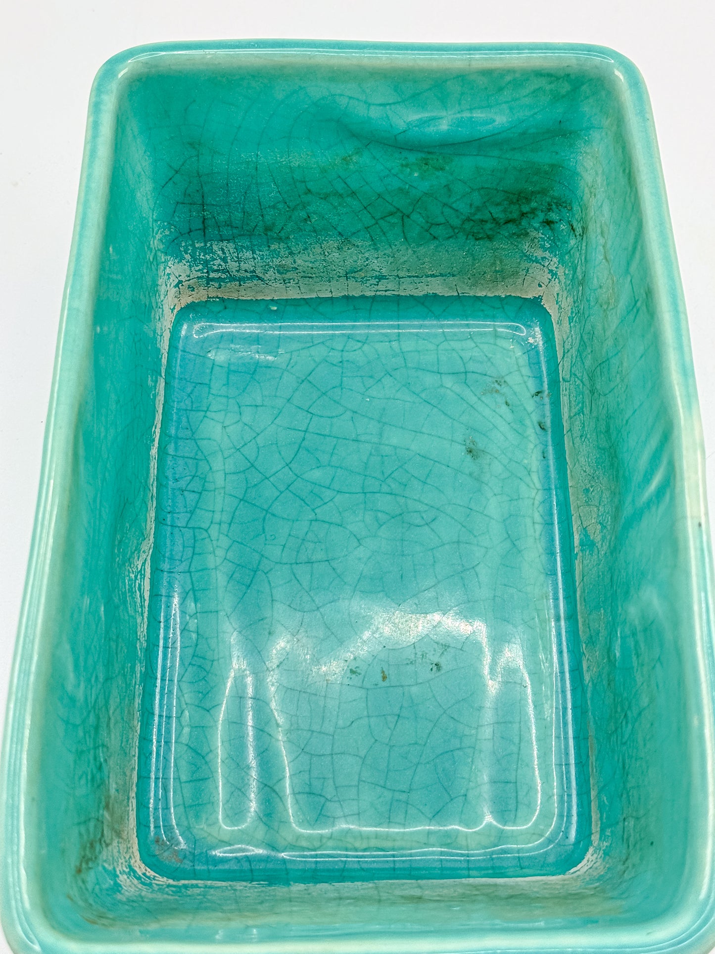 Vintage 1940s–50s Aqua Crackle Glaze Rectangular Ceramic Planter with Raised Scroll Design, Unmarked USA Art Pottery