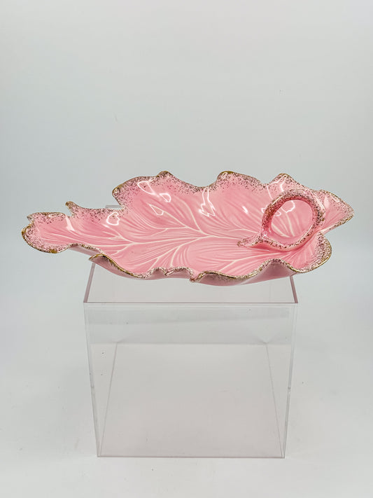 Vintage California Originals Pink Ceramic Maple Leaf Dish with Gold Speckle Edges and Loop Handle