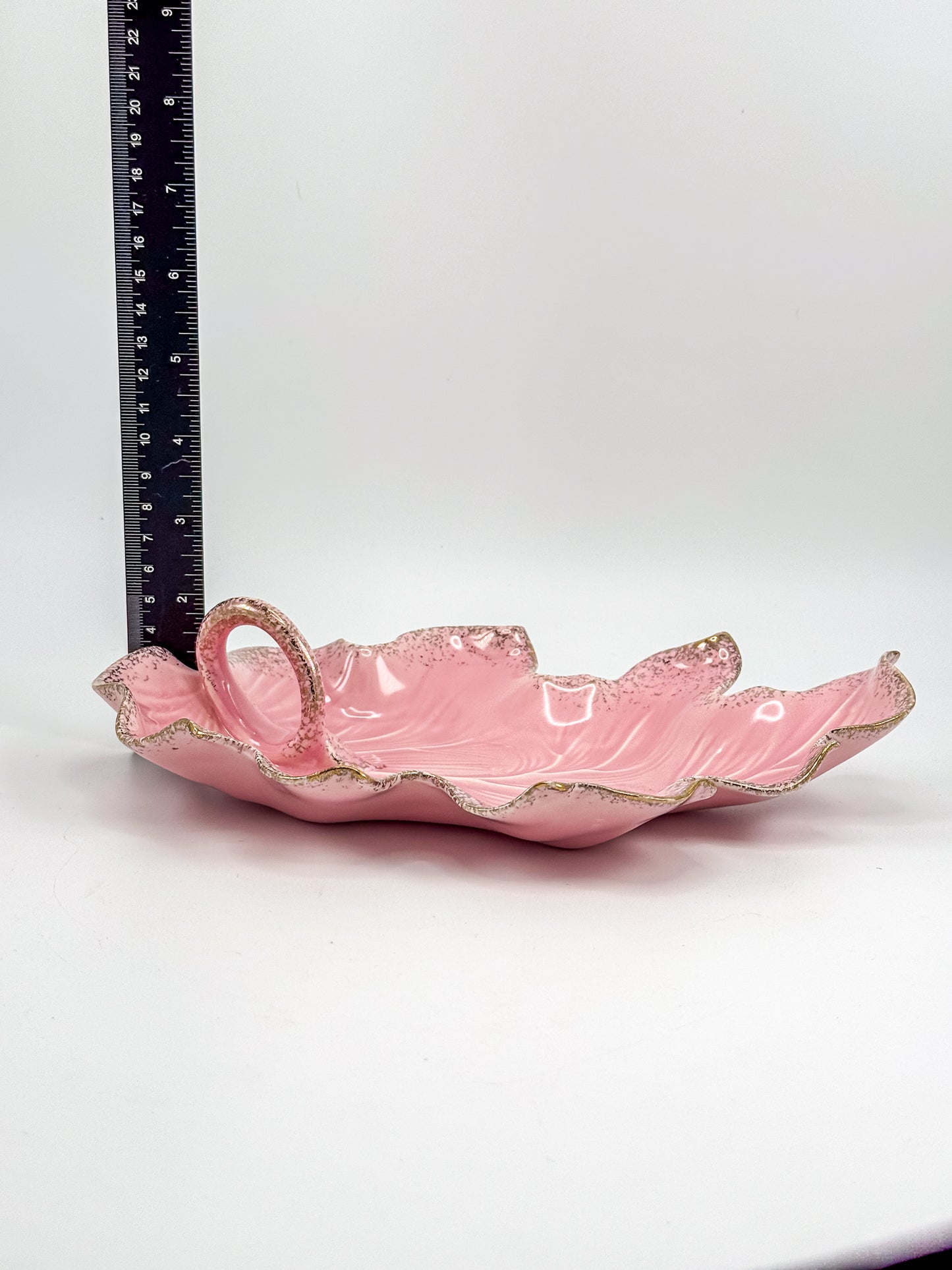 Vintage California Originals Pink Ceramic Maple Leaf Dish with Gold Speckle Edges and Loop Handle
