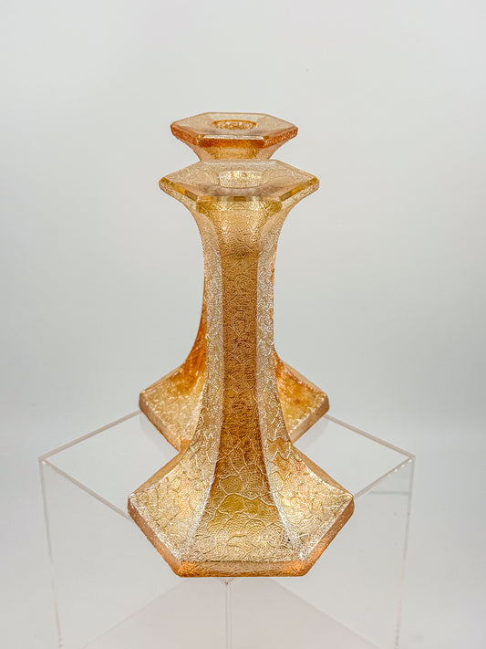 Vintage Marigold Carnival Glass Candlestick Holders with Crackle Texture, Hexagonal Base, Sold as a Pair