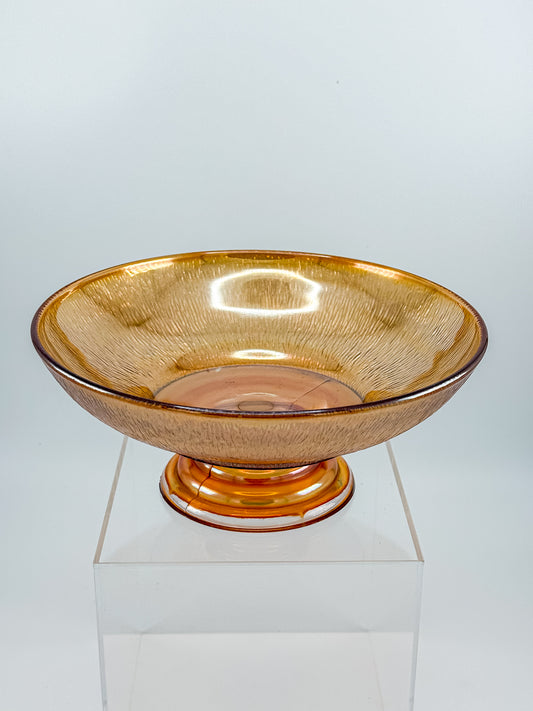 Jeannette Carnival Glass Marigold Tree Bark Pedestal Compote Bowl with Iridescent Finish
