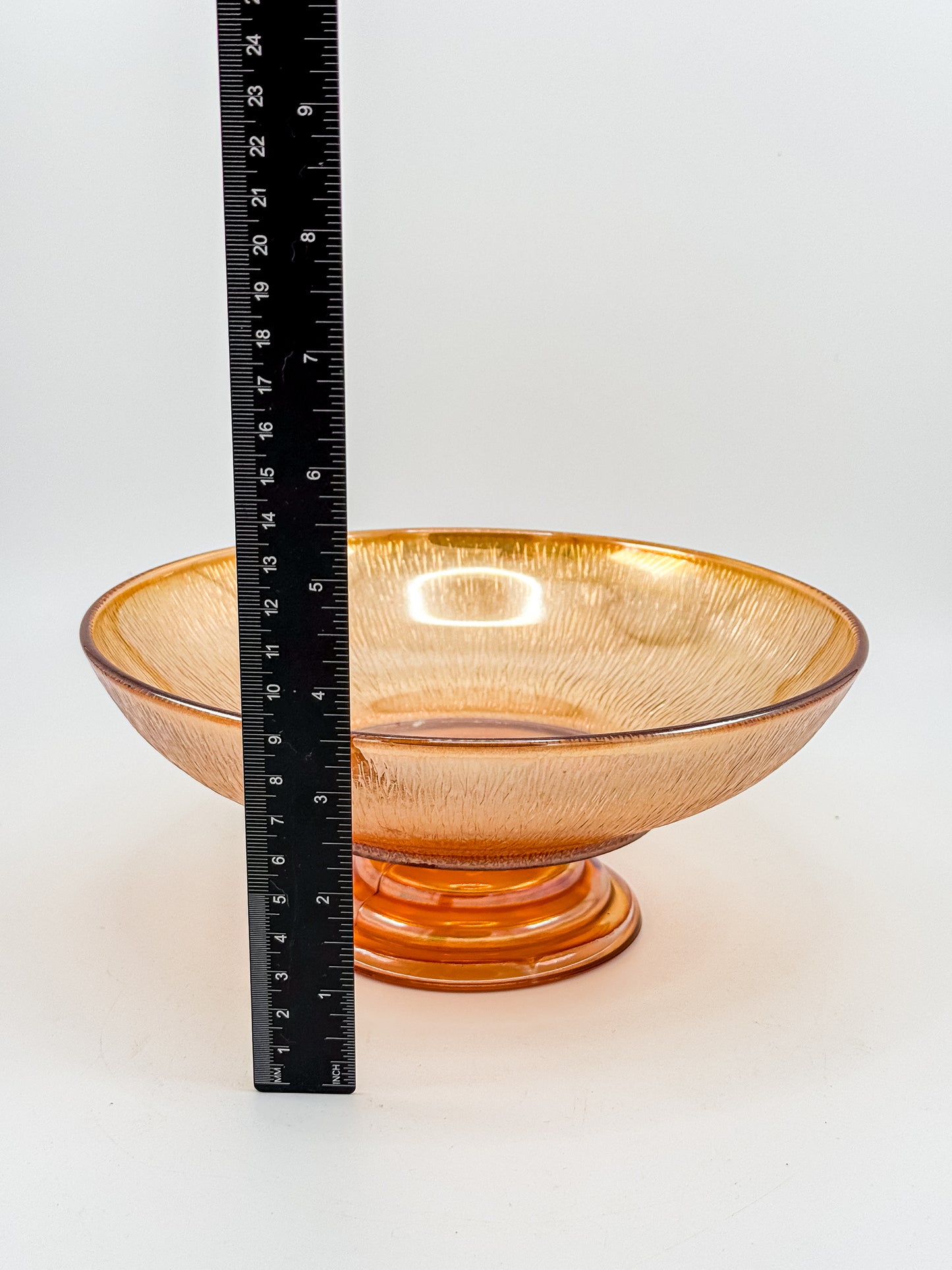 Jeannette Carnival Glass Marigold Tree Bark Pedestal Compote Bowl with Iridescent Finish
