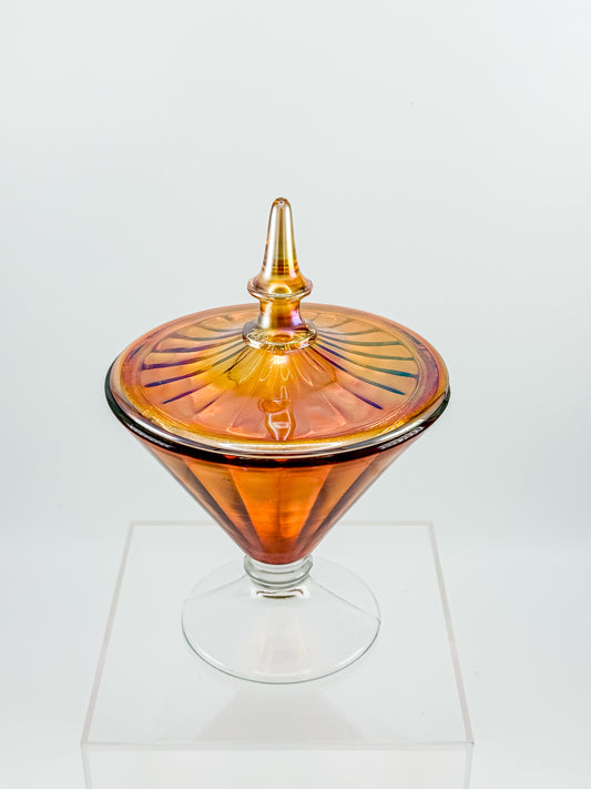 Vintage Marigold Carnival Glass Footed Covered Candy Dish with Ribbed Sunburst Lid and Finial