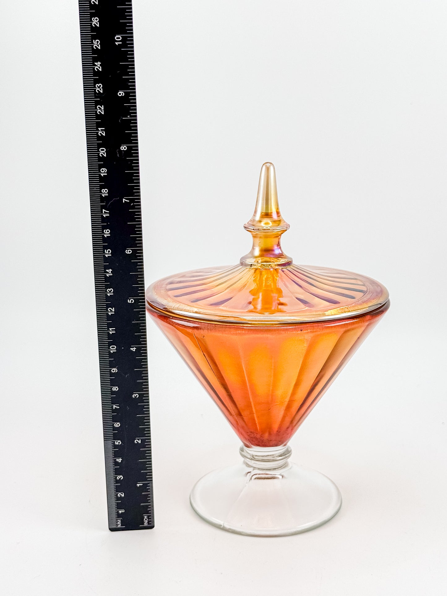 Vintage Marigold Carnival Glass Footed Covered Candy Dish with Ribbed Sunburst Lid and Finial