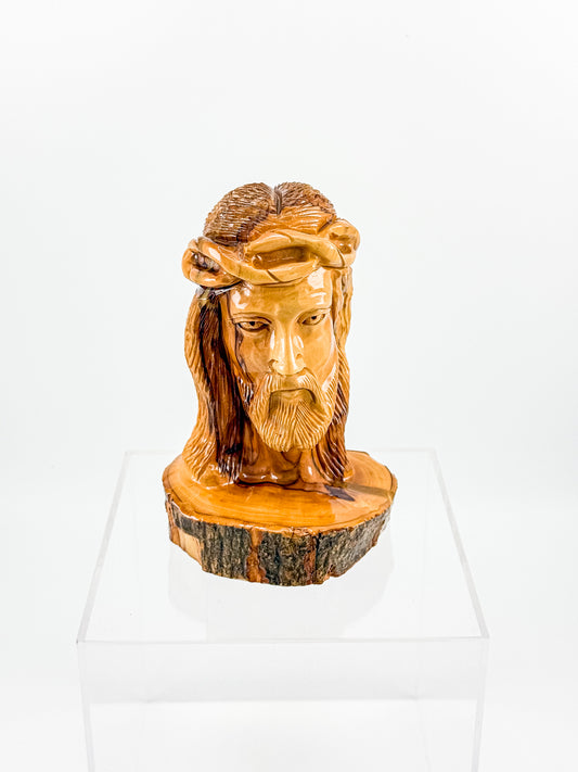 Hand-Carved Jesus Christ Bust with Crown of Thorns on Natural Live-Edge Wood Base, Folk Art Sculpture