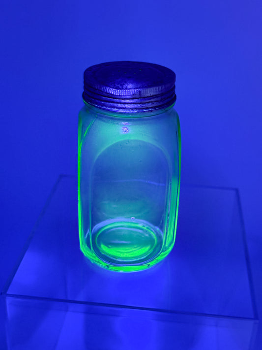 Vintage Uranium Glass Sugar Shaker with Original Perforated Metal Lid