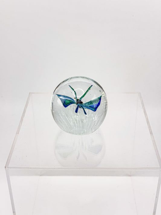 Art Glass Butterfly Paperweight, Cobalt Blue and Teal Lampwork Globe with Controlled Bubbles