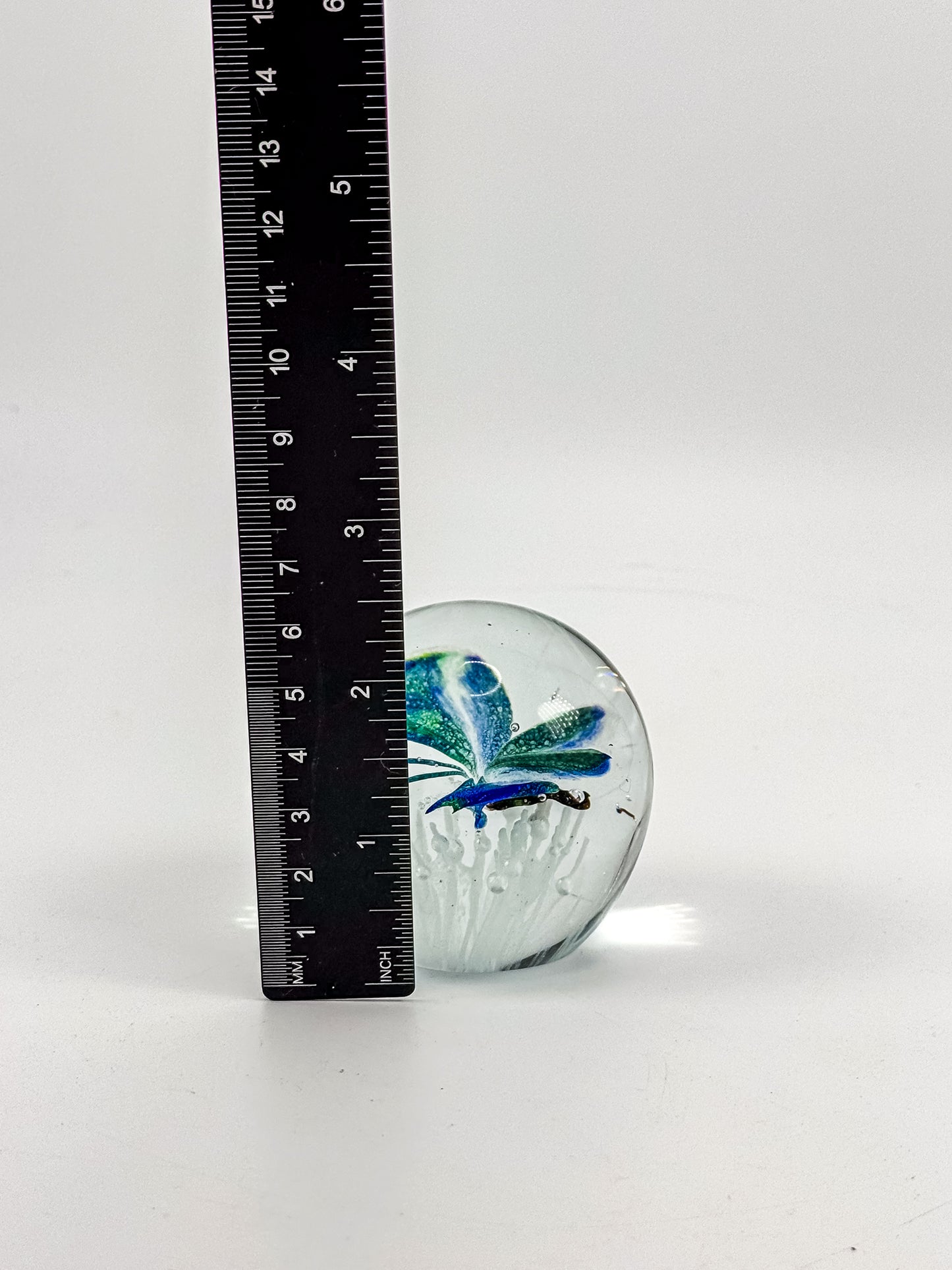 Art Glass Butterfly Paperweight, Cobalt Blue and Teal Lampwork Globe with Controlled Bubbles